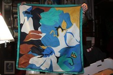 Vintage Scarf Approx 26" x 26" Blue White Black Brown Mustard Floral