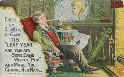 1908 Leap Year Man dreams saying humor interior Fireplace Postcard 26-5018