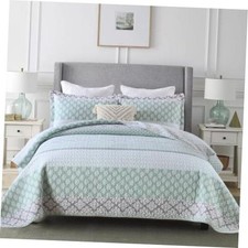 100 Cotton King Quilt - Botanical Bed Quilts with 2 King 98"x106" Green/Grey