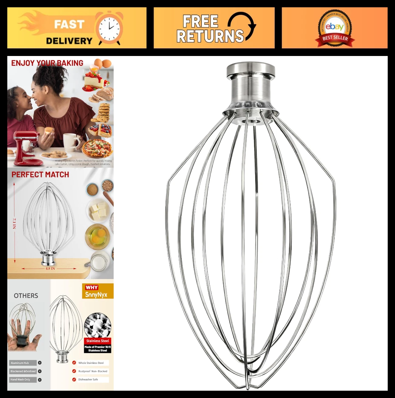 6 Wire Whip Attachment for 5-6 Quart Stand Mixer, Dishwasher Safe, Stainless Ste