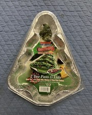 Vintage NEW Handi-foil 2 Christmas Tree Cake Pans Lids USA Cook-n-Carry 1980’s