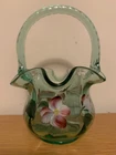Hand Painted with Flowers Fenton Glass Basket Signed D Anderson