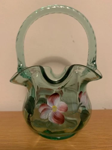 Hand Painted with Flowers Fenton Glass Basket Signed D Anderson