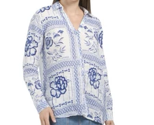 H by Halston NWT White & Blue Floral Linen Button Front Blouse Tunic Top Size 1X