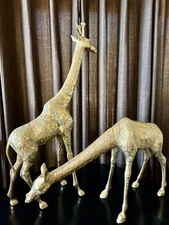 Pair of Hollywood Regency Large Brass Giraffe Statue Sculptures Mid Century MCM
