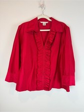 Peter Martin Vintage Old Money Silk Ruffled-Front Bright Red Blouse 12