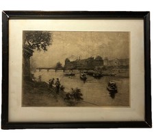 Lucien Gautier "Fishing Along The River” 19th Century ETCHING 12” X 9.5”  Paris