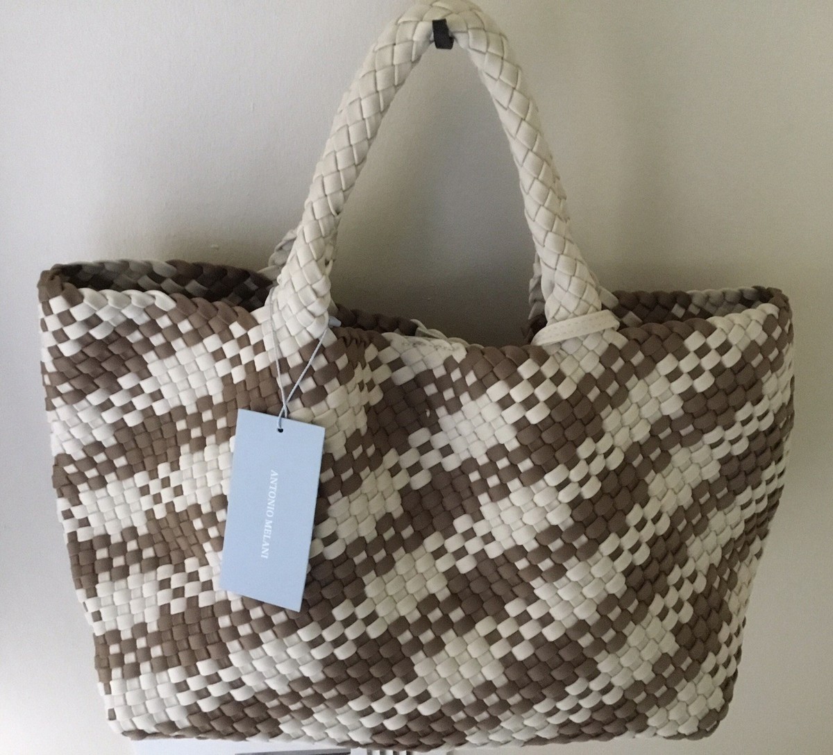 ANTONIO MELANI Large Woven Neoprene Tote Purse Bag Tan Creme NEW w Tags  NICE