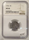 1936 BUFFALO NICKEL 5C NGC MS 66