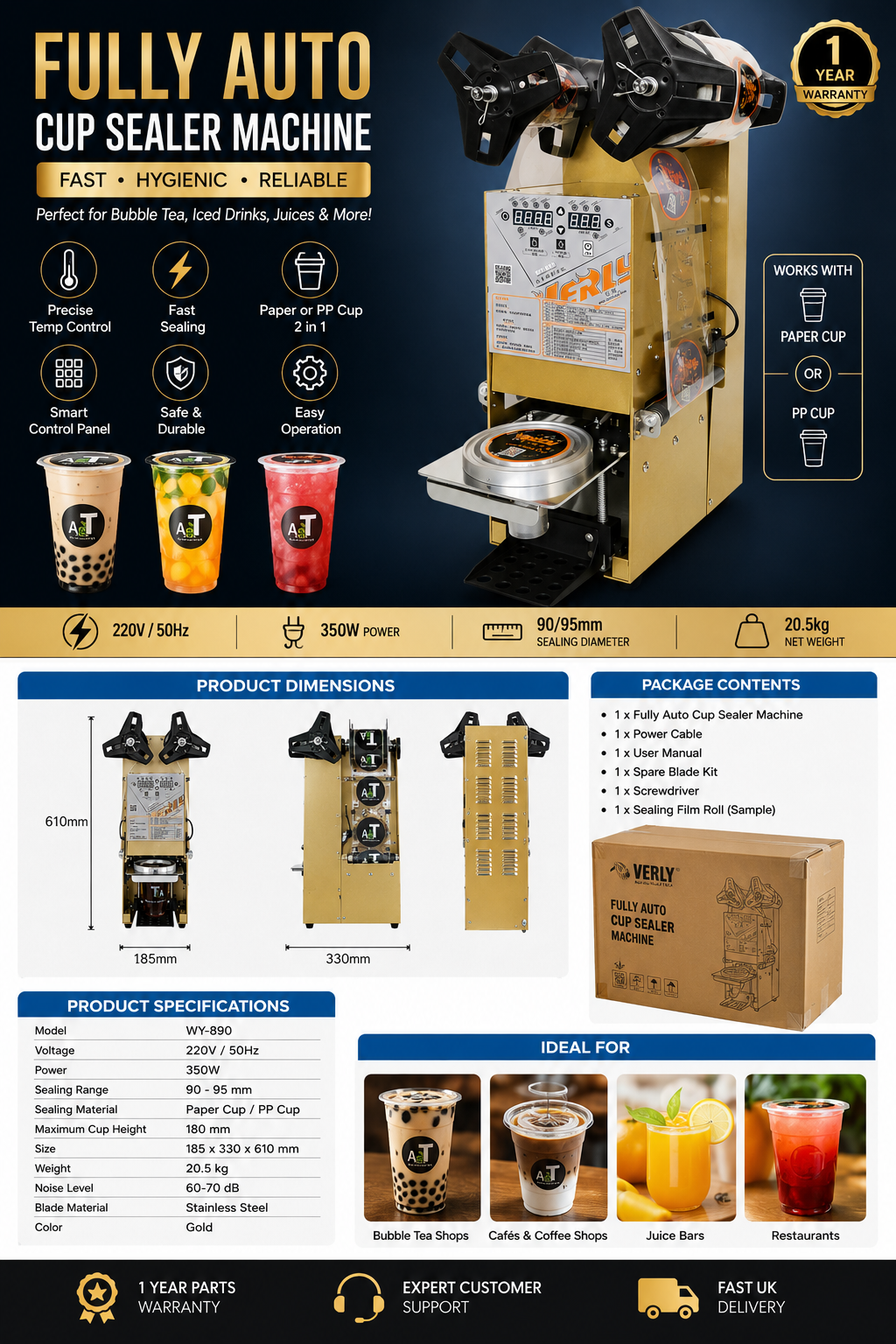 Fully Automatic Cup Sealer Machine 90/95mm Bubble Tea 350W