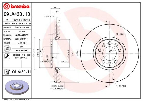 Pack Von 2 - Bremsscheibe 09.A430.10 Brembo FüR Peugeot CitroËN Toyota Fiat-image
