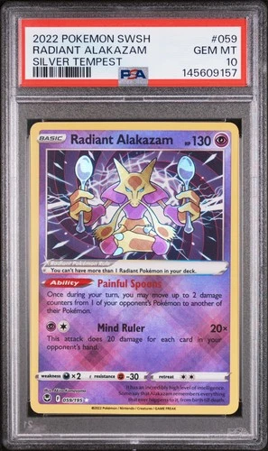2022 POKEMON SWORD & SHIELD SILVER TEMPEST #059 RADIANT ALAKAZAM PSA 10
