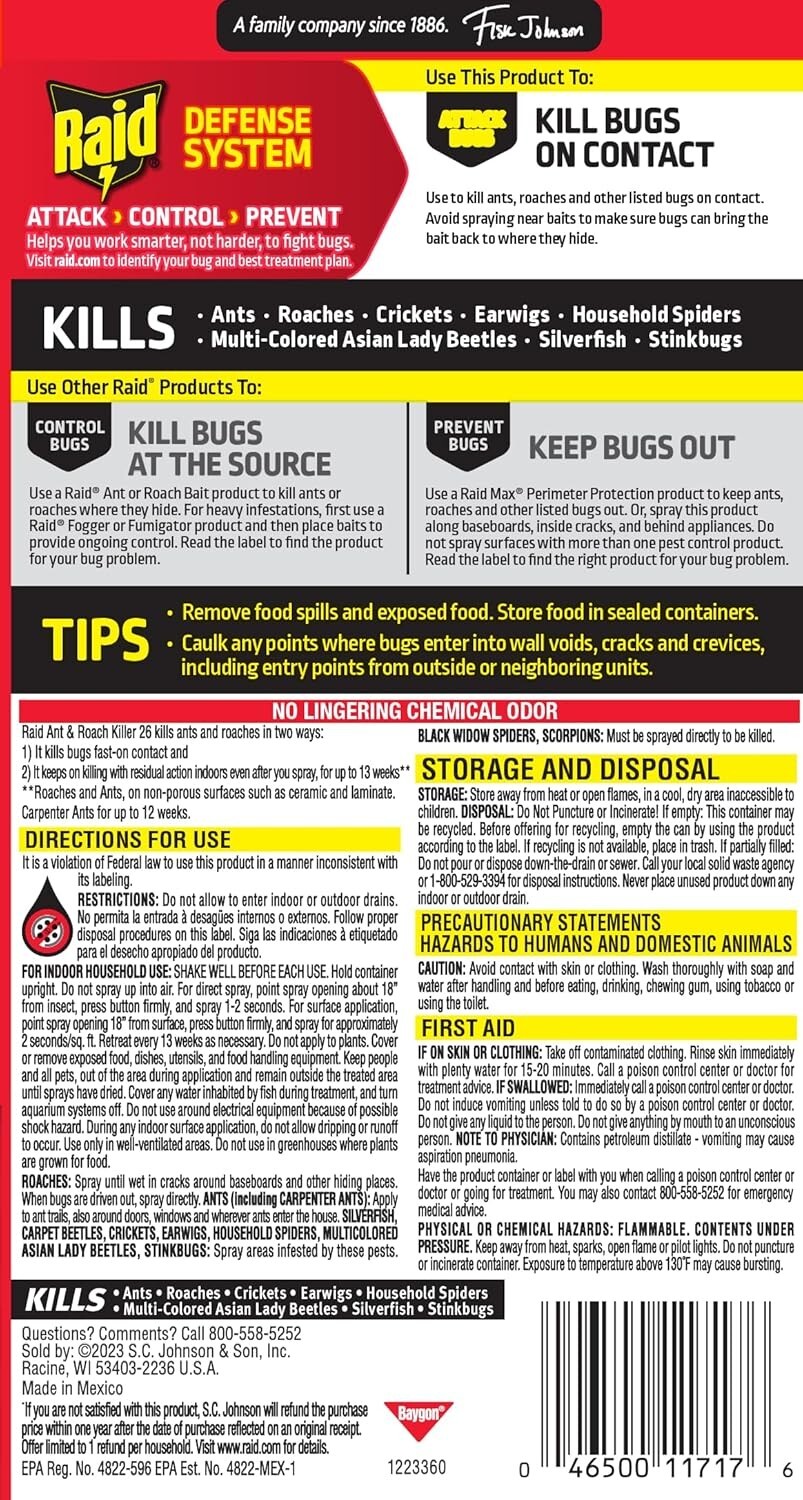 Raid® Ant & Roach Killer 26, Fragrance-Free Bug Spray, 17.5 fl. oz. 2 count. New