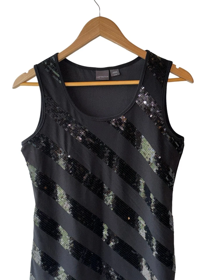 Camiseta sin mangas Covington talla Petite M negra lentejuelas rayas Foto 2 de 4