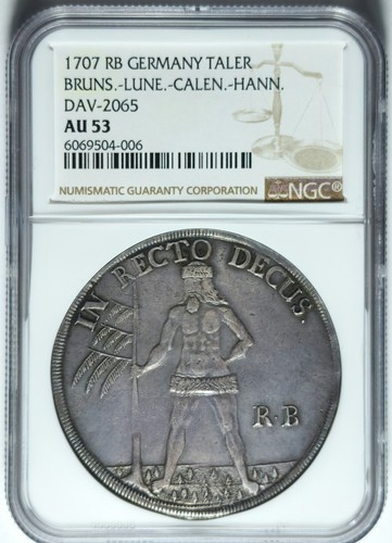 1707 Germany Brunswick-Lunenburg Wildman Silver Thaler DAV-2065 | NGC AU53 - Picture 2 of 4