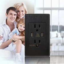 Dual USB Wall Electrical Outlet Charger AC Power Receptacle Plate Panel 15A 120V