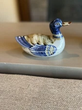 Porcelain Duck Chinese Trinket Dish Blue/Tan Pristine Condition 6.25"