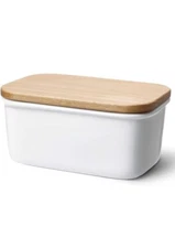Sweese 301.101 Large Butter Dish, Porcelain Keeper W/ Beech Wooden Lid, White