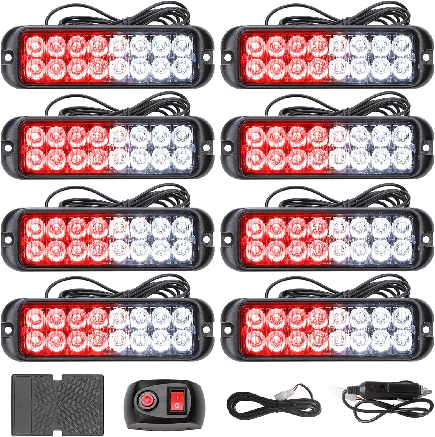 8pc 16LED Red White Strobe Lights Grille Warning Hazard Flashing