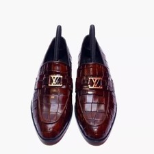 Handmade Men Burgundy Crocodile Texture Leather Shoes Loafer Slip-On Formal Dres