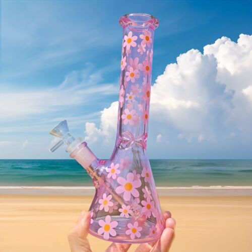 10" Pink Daisy Hookah Handcraft Glass Bong Water Smoking Pipe Percolator Bongs - Picture 1 of 7