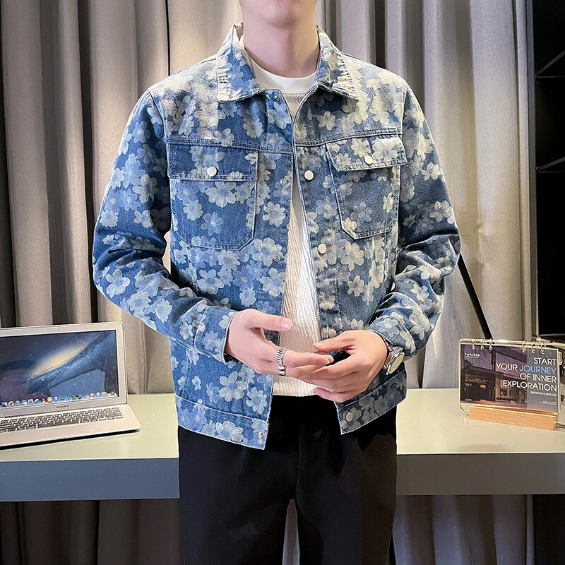 Men's Fashion Lapel Long Sleeve Loose Denim Jackets Youth Causal Coats - Image 4 of 4