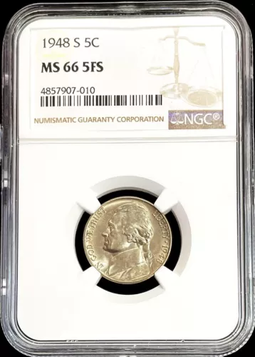 1948 S US JEFFERSON NICKEL 5C COIN NGC MINT STATE 66 FS FULL STEPS