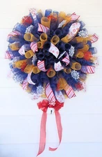 XL Curly Polar Express Mesh Wreath, Christmas Holiday Navy Blue Gold Door Décor