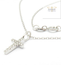 14K SOLID WHITE GOLD NATURAL DIAMOND CROSS PENDANT NECKLACE SMALL 3/8" VS-SI1 H