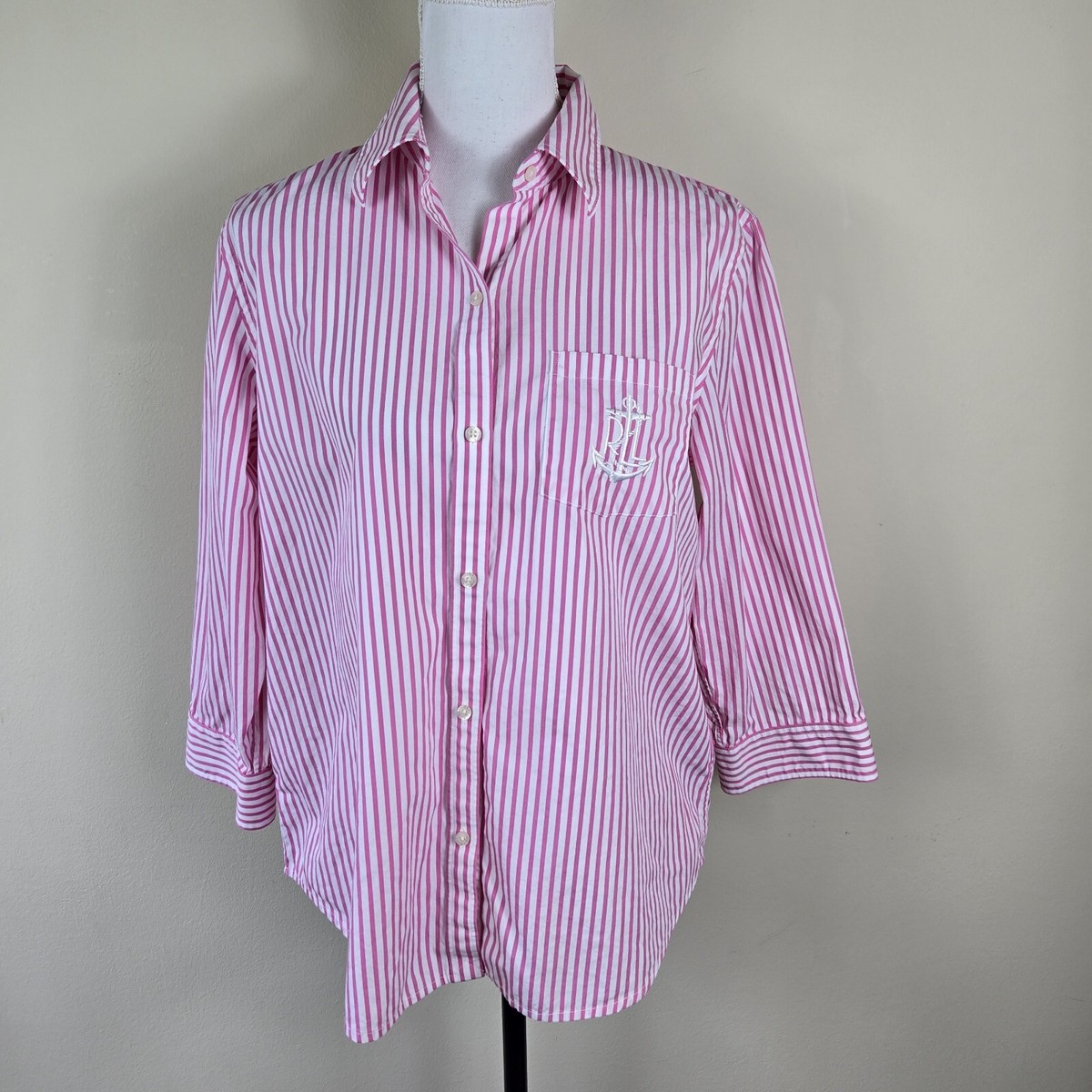 Lauren Ralph Lauren Womens Top L Pink Striped Nautical Logo Shirt Blouse |  eBay