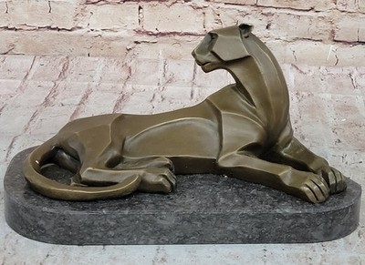 Handcrafted Henry Moore Mountain Lion Bronze Sculpture Marble Base Figurine sale