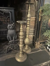 Pair Vintage Gothic Large Ornate Brass Filigree Candlestick Holder Pillar