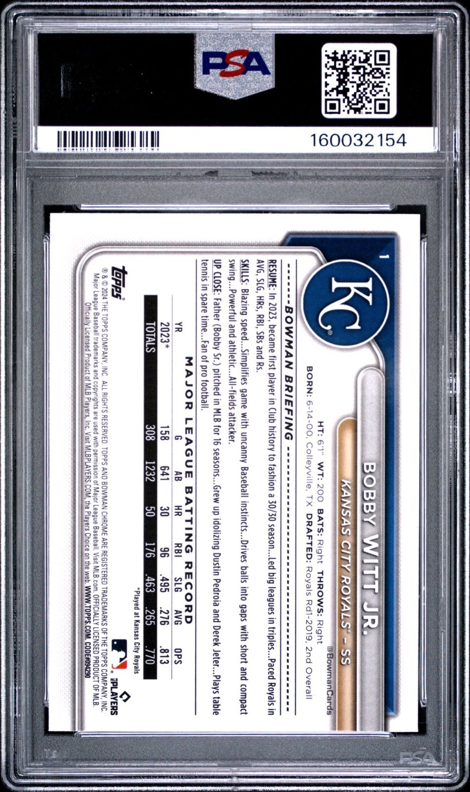 2024 Bowman Chrome Mega Box Bobby Witt Jr. Yellow Mojo Refractor /75 PSA 10 #1 view 2