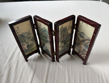 4-Panel Folding Tabletop Screen Wood Frame Asian Landscape Floral Decorative