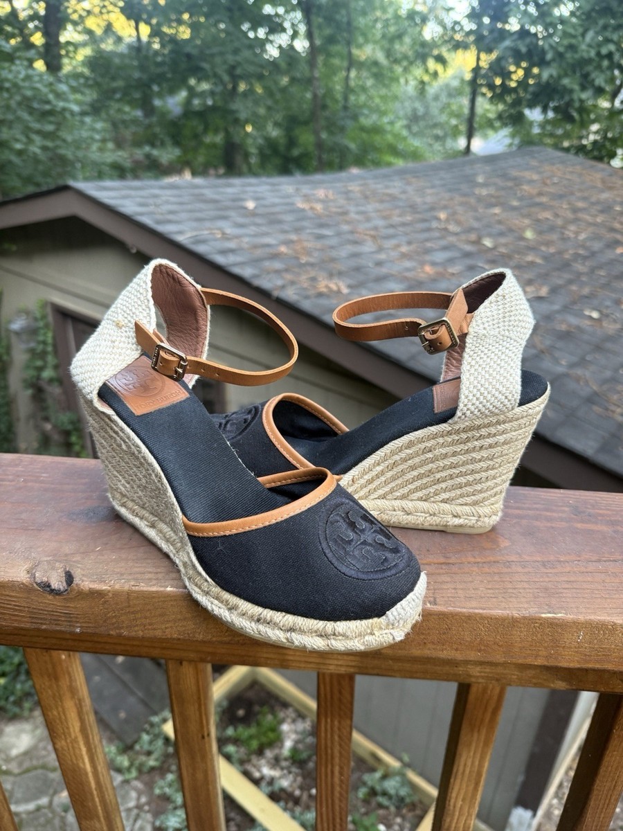 TORY BURCH Women Shoes Sz 8.5 M Canvas Espadrille Wedge
