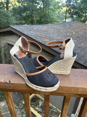 TORY BURCH Women Shoes Sz 8.5 M Canvas Espadrille Wedge Shoes