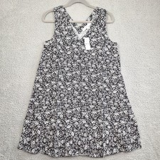 LOFT Mini Dress Womens Small Black White Floral Linen Blend Sleeveless V-Neck