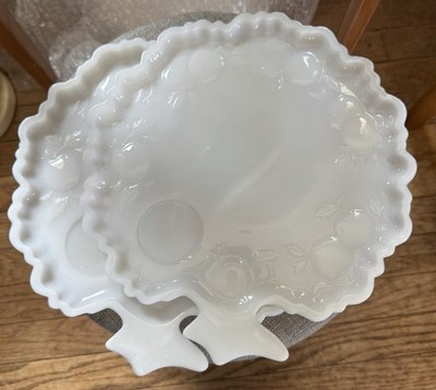 Set of 2 Snack Plates Hazel Atlas Milk Glass Apple Orchard Vintage 9.5 in