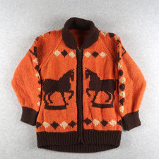 Vintage 60s 70s Horse Knit Cardigan Shawl Cowichan Sweater Sz S