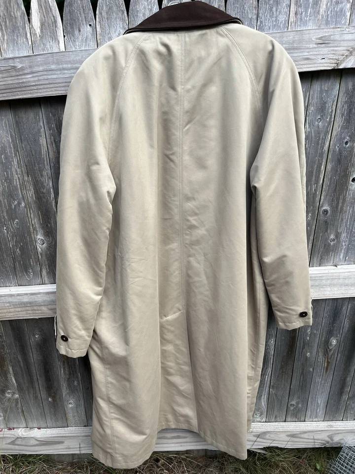 LL Bean Mens Khaki Tan Trench Coat w/Zip Out Liner & Brown Leather Collar Sz L - Image 2 of 4