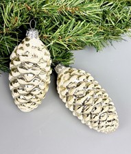 Two Blown Glass Christmas Ornaments Shimmering Pinecones Cream 4,5" Poland