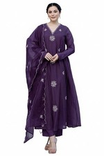 Women Embroidery Solid Anarkali Kurta and Pant Set with Dupatta