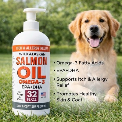 Wild Alaskan Salmon Oil 32 OZ - Omega 3 for Dogs & Cats - Healthy Coat & Joints