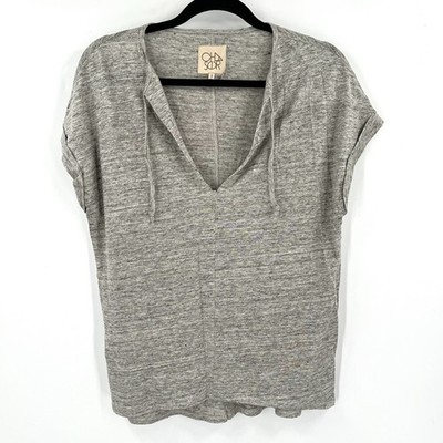 CHASER Space Dye Top S Cap Sleeve V Neck Tie Taupe Grey Women Short Sleeve Top