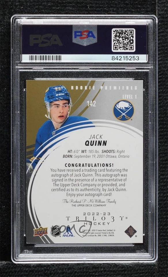 2022 Upper Deck Trilogy Premieres Gold /299 Jack Quinn #142 PSA 8 Rookie Auto RC - Image 2 of 2
