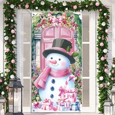 Pink Snowman Christmas Door Cover, Xmas Front Door Banner Decor Winter Holiday 