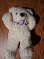 Vintage R Dakin  Co White/cream Musical Teddy Bear W/ Purple Ribbon Around Neck