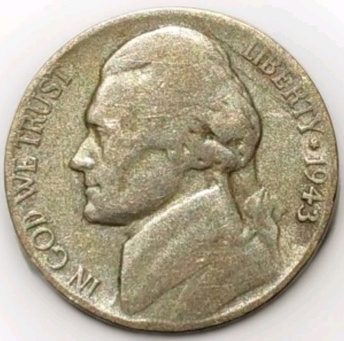 1943 P Jefferson Silver War Nickel Five Cent Coin-Medium Wear Monticello Reverse