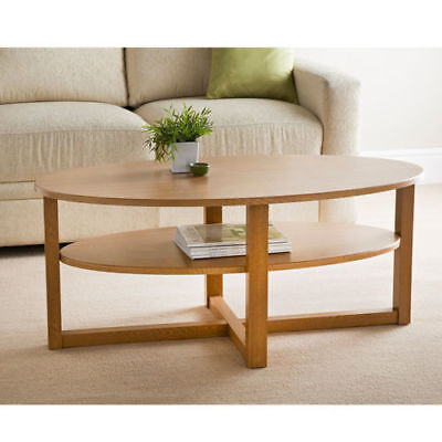 NEW SOLID WOOD OAK FINISH CONTEMPORARY OVAL SHAPED COFFEE TABLE  WITH UNDERSHELF 