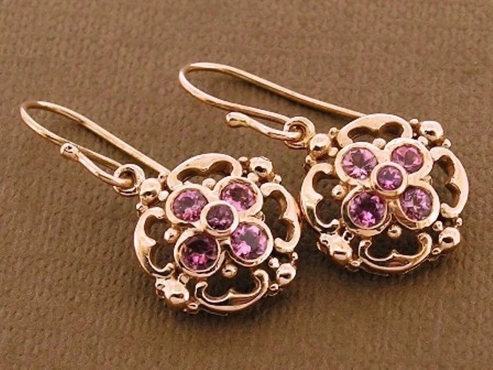 E024 - Серьги-капли из натурального чистого 9-каратного розового золота с цветком розового турмалина - Изображение 4 из 4